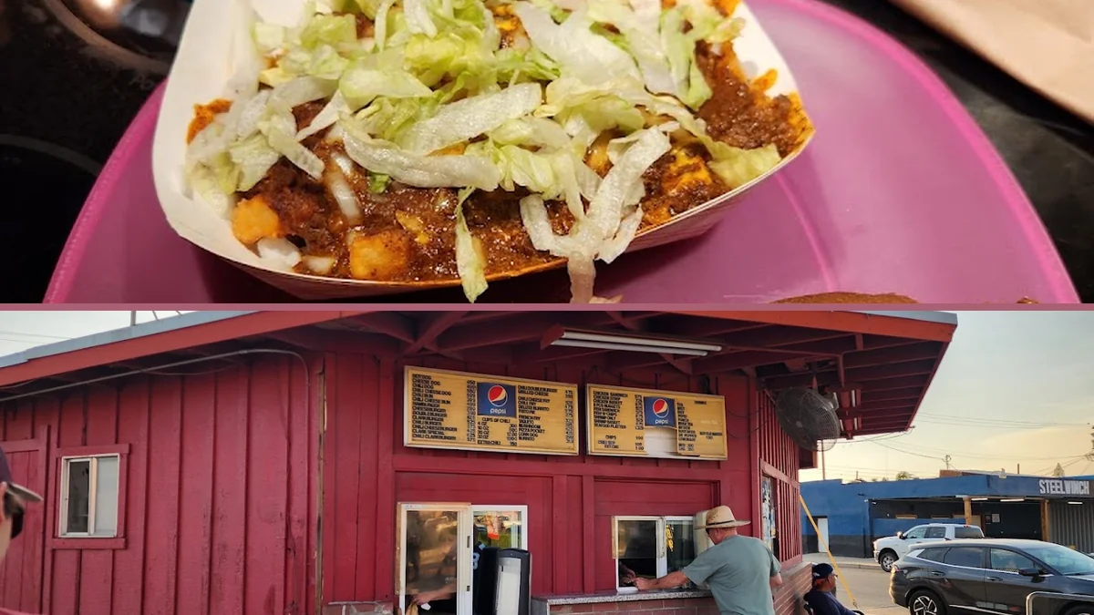 Outdoor tables beside a casual food stand